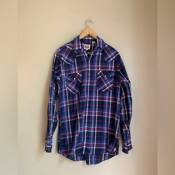 Ely Cattleman snap button shirt ling sleeve plaid thin western cowboy size med - Picture 1 of 7